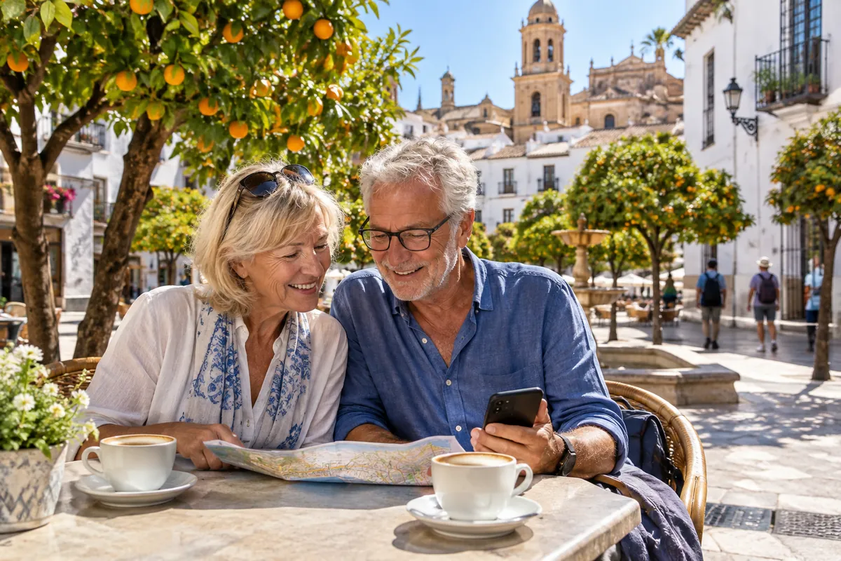 Par planerar dagen med en karta på ett kafé på ett torg i Málaga
