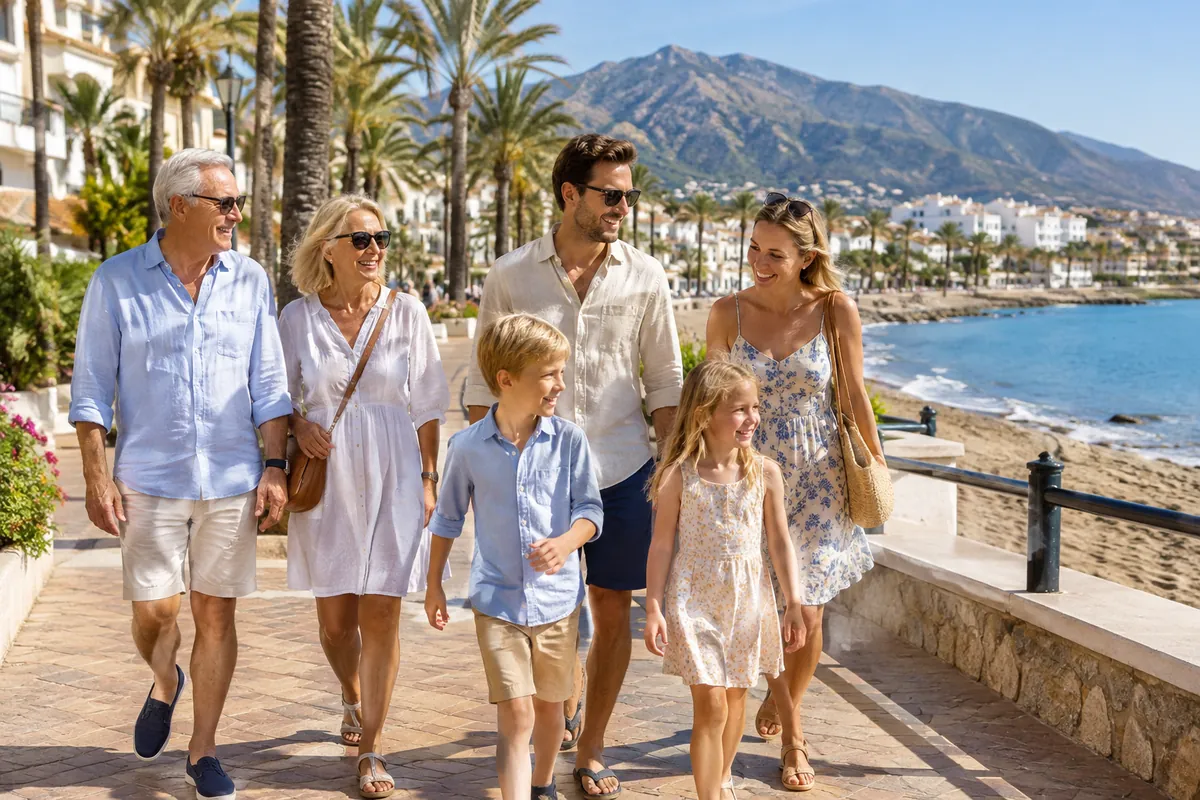 Svenska resenärer på en strandpromenad vid Medelhavet i Spanien en solig höstdag